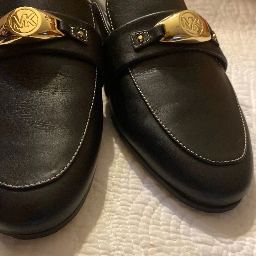 Michael Kors Black Leather Slip-On Loafers with Gold Accent